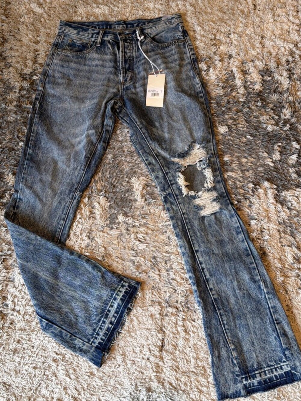 NWT MNML Flare Jeans Blue Denim Trashed Ripped Distressed Raw Hem Women’s 29
